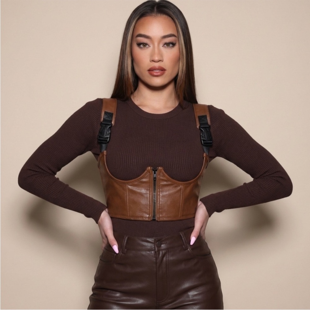 Dolls Kill POSTER GIRL Brown Leather Crop Top